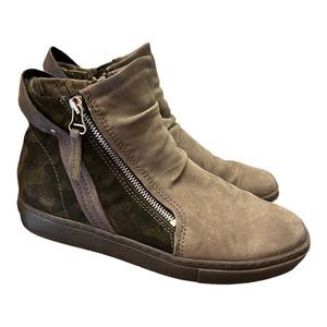 miz mooz laguna taupe green leather suede diagonal zipper booties size 40 (9.5)